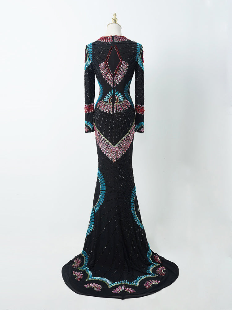 Black Mermaid Gown with Multi-Color Sequin Totem | Long Sleeve Formal Evening Dress with Train