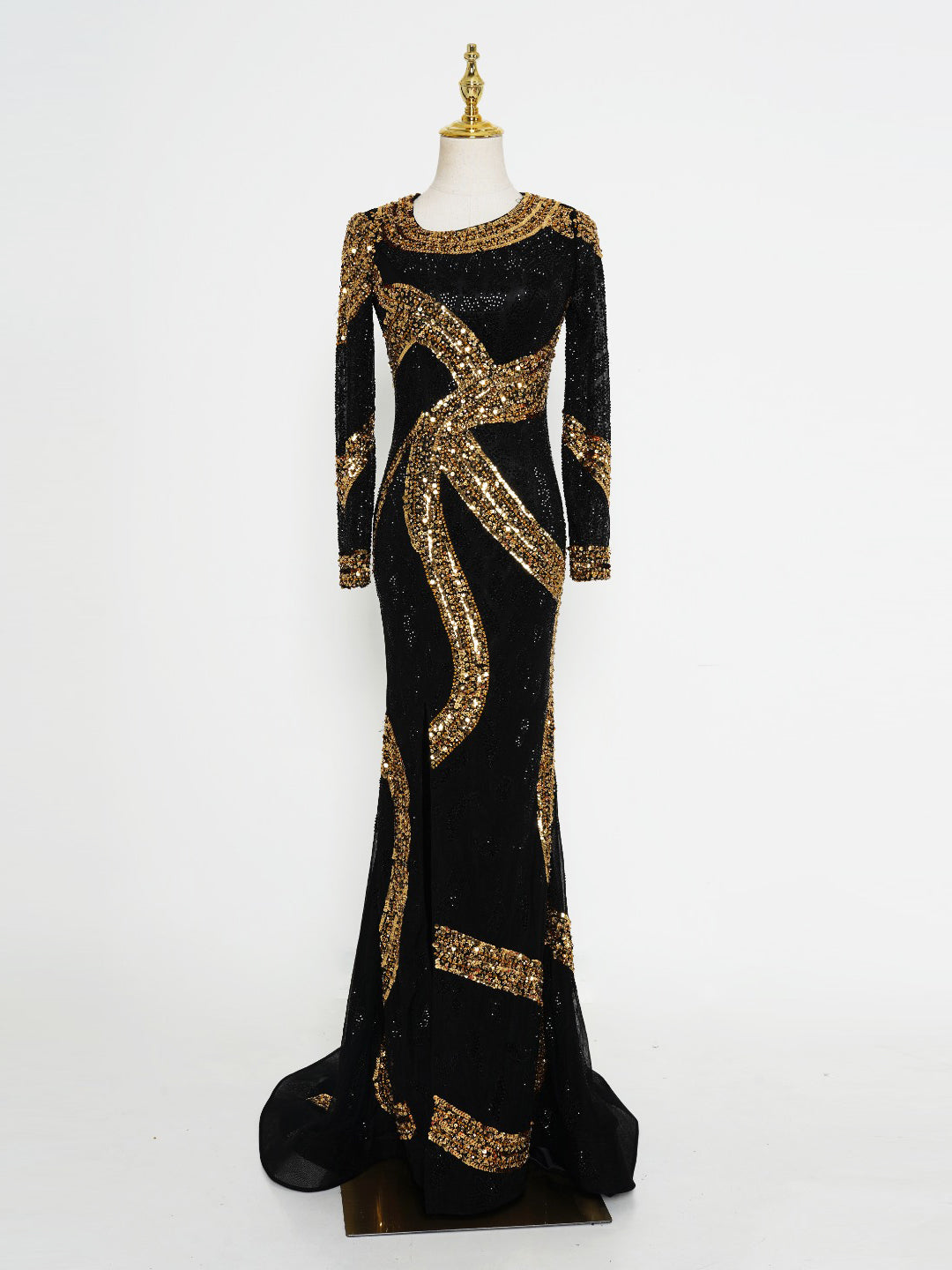 Luxurious Black & Gold Sequin Mermaid Gown | Long Sleeve Formal Evening Dress for Special Occasions