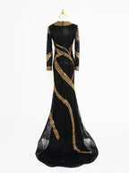 Luxurious Black & Gold Sequin Mermaid Gown | Long Sleeve Formal Evening Dress for Special Occasions