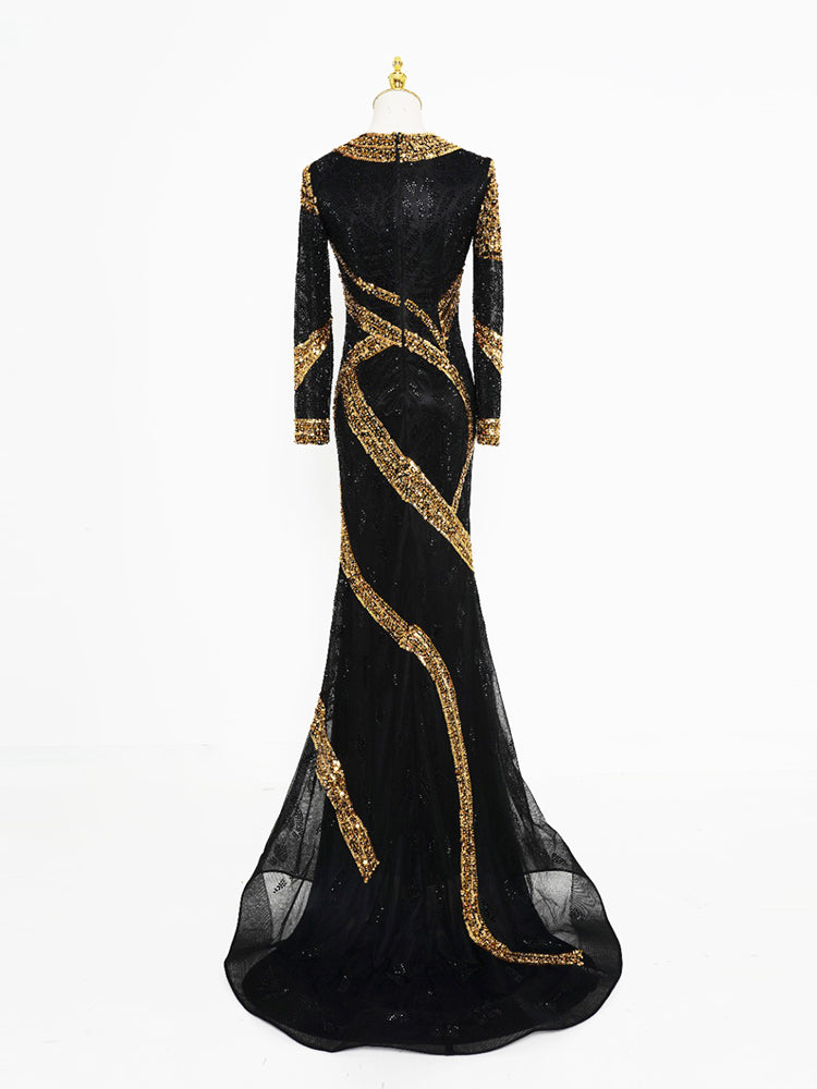 Luxurious Black & Gold Sequin Mermaid Gown | Long Sleeve Formal Evening Dress for Special Occasions
