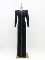 Elegant Black Long Sleeve Gown | Silver Floral Beaded Formal Evening Dress for Special Occasions