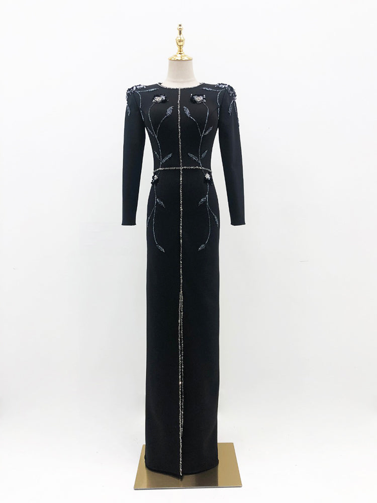 Elegant Black Long Sleeve Gown | Silver Floral Beaded Formal Evening Dress for Special Occasions