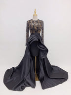 Luxurious Black & Gold Beaded Long Sleeve Gown | Formal Evening Dress with Train