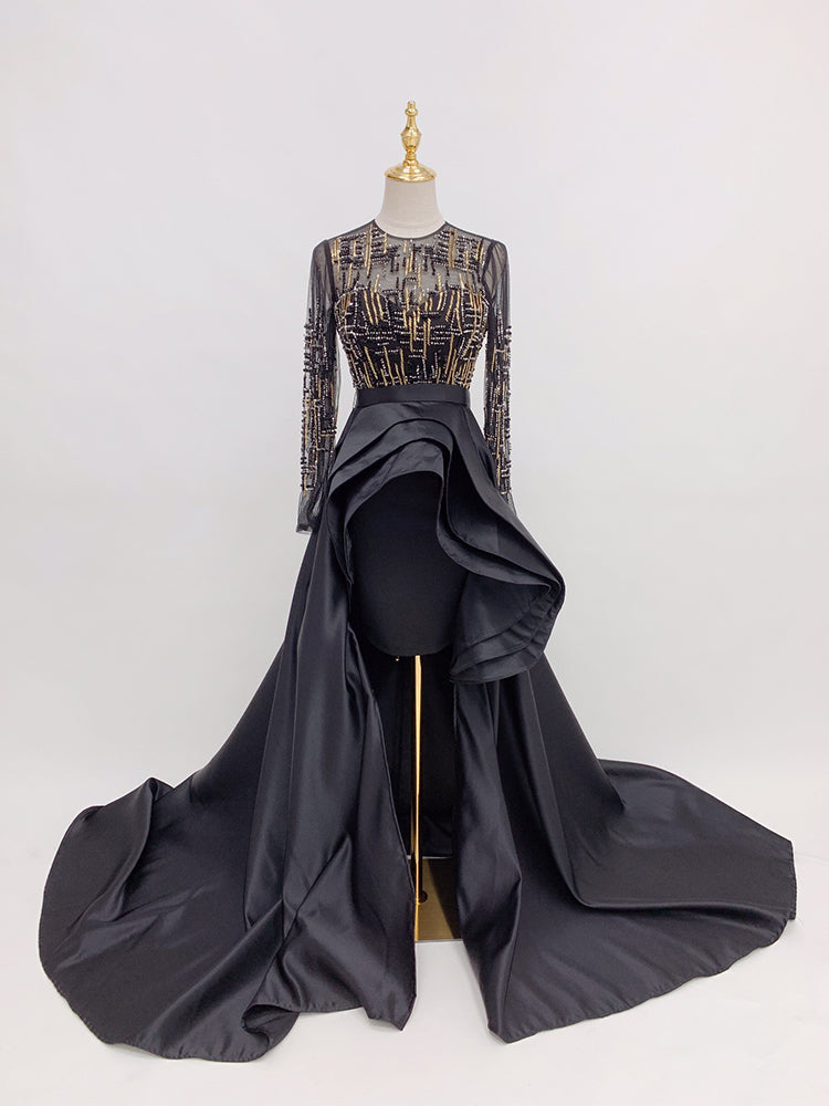 Luxurious Black & Gold Beaded Long Sleeve Gown | Formal Evening Dress with Train