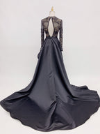 Luxurious Black & Gold Beaded Long Sleeve Gown | Formal Evening Dress with Train