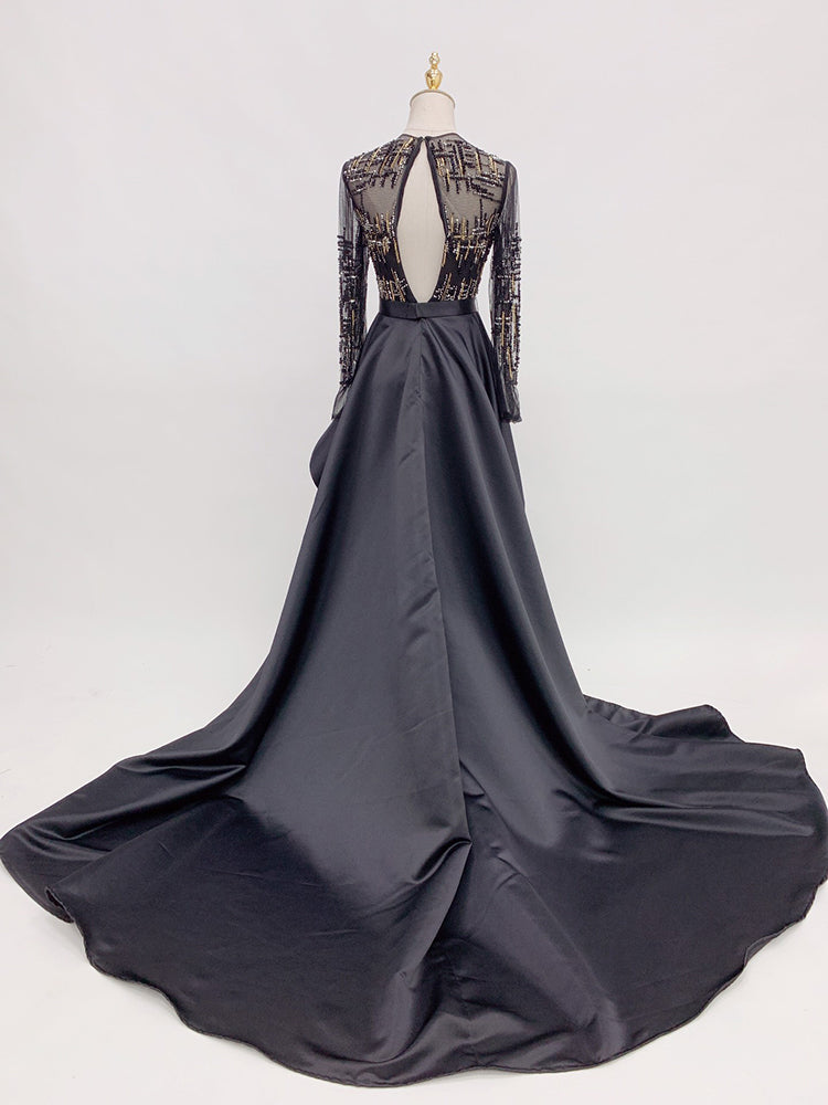 Luxurious Black & Gold Beaded Long Sleeve Gown | Formal Evening Dress with Train