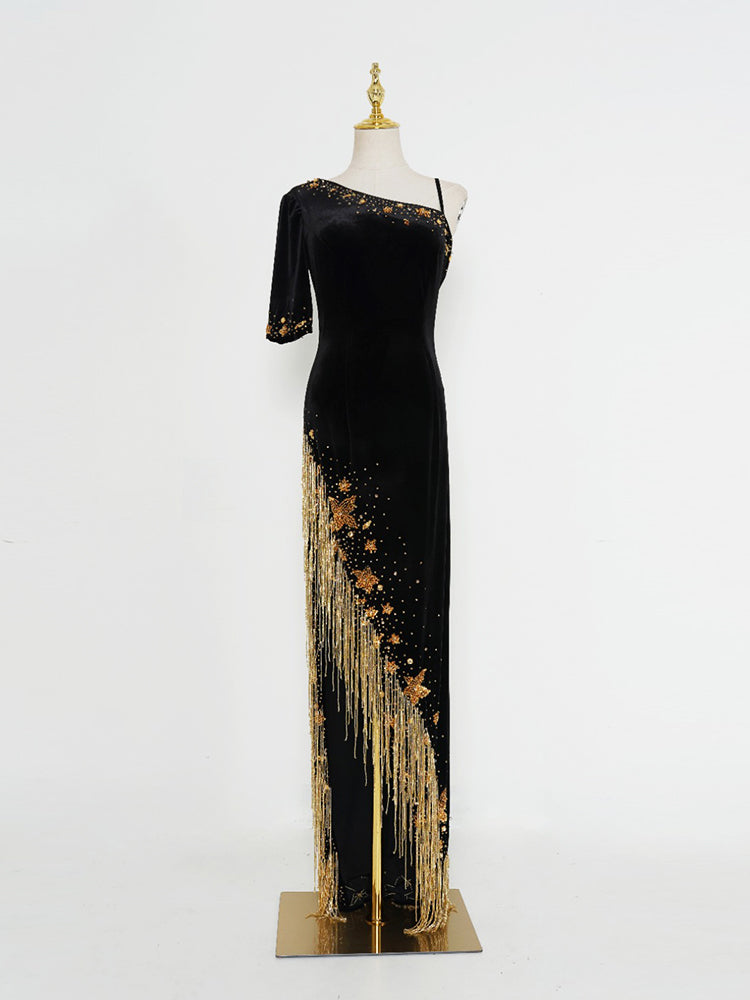 Modest Black Formal Gown | One-Shoulder Gold Fringe Embellished Evening Dress for Events