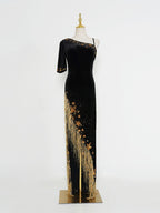 Modest Black Formal Gown | One-Shoulder Gold Fringe Embellished Evening Dress for Events