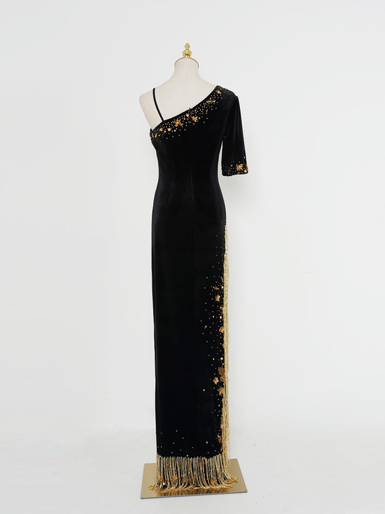 Modest Black Formal Gown | One-Shoulder Gold Fringe Embellished Evening Dress for Events