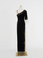 Modest Black Formal Gown | One-Shoulder Gold Fringe Embellished Evening Dress for Events