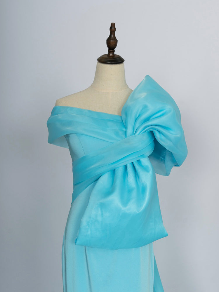 Turquoise One-Shoulder Gown | Oversized Bow & Draped Train for Royal Weddings & Gala Events
