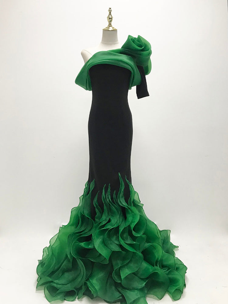 One-Shoulder Black Evening Gown with Emerald Green Organza Ruffles