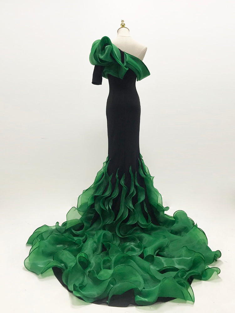 One-Shoulder Black Evening Gown with Emerald Green Organza Ruffles