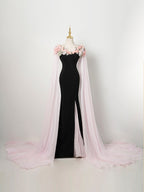 Black Evening Gown with Pink Floral Cape and Flowing Chiffon Train