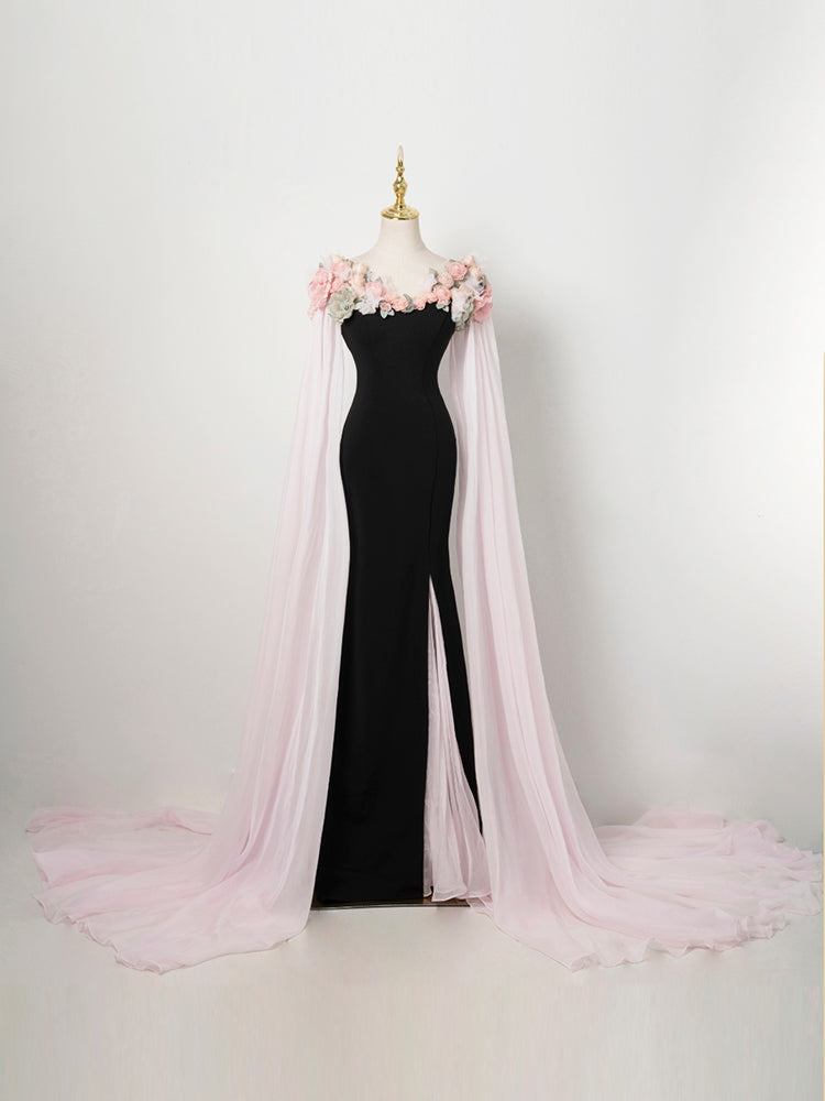 Black Evening Gown with Pink Floral Cape and Flowing Chiffon Train