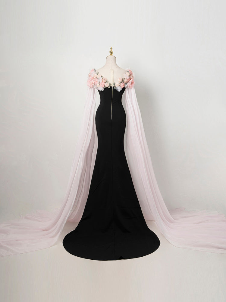 Black Evening Gown with Pink Floral Cape and Flowing Chiffon Train