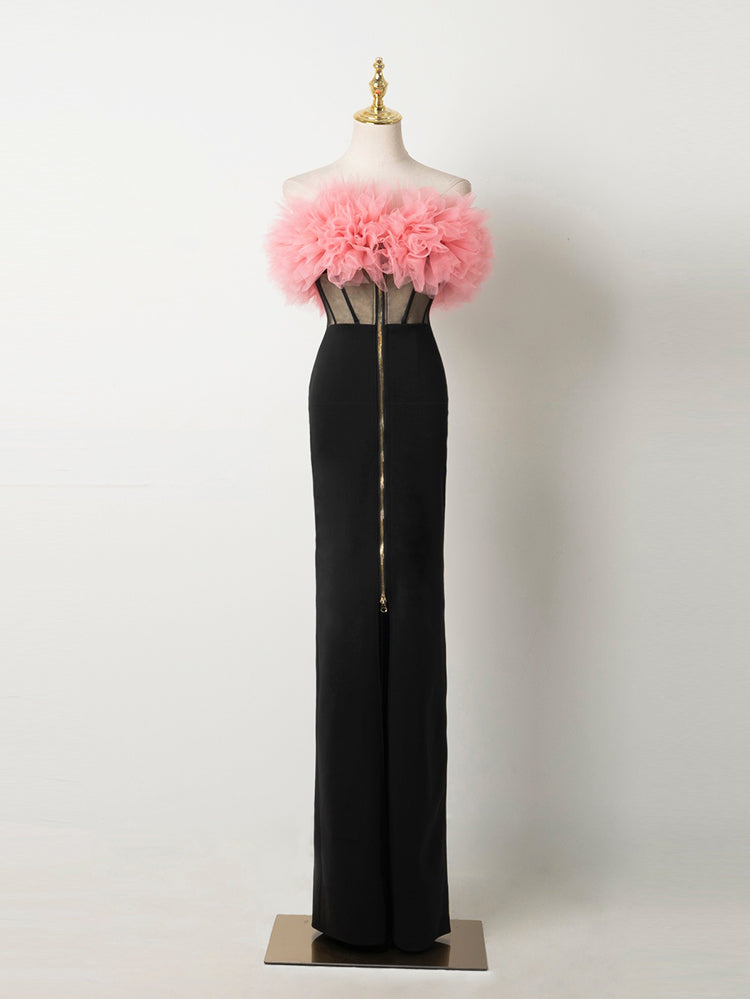 Pink & Black Off-the-Shoulder Gown | Tulle Puff Shoulder Slim-Fit Maxi Dress for Evening Parties