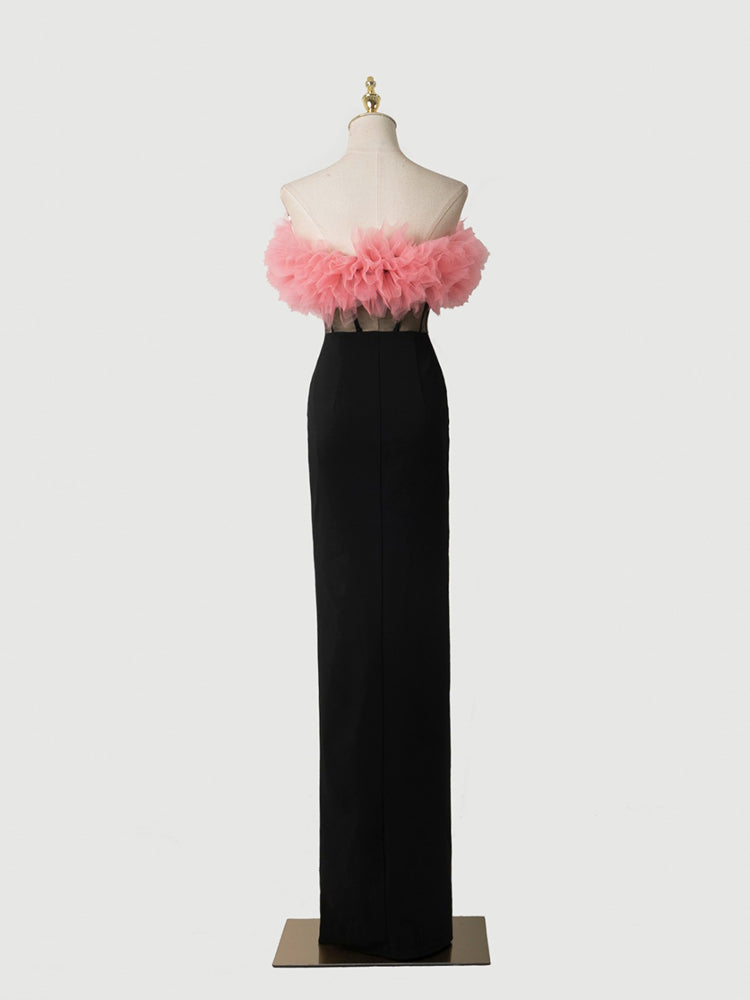 Pink & Black Off-the-Shoulder Gown | Tulle Puff Shoulder Slim-Fit Maxi Dress for Evening Parties