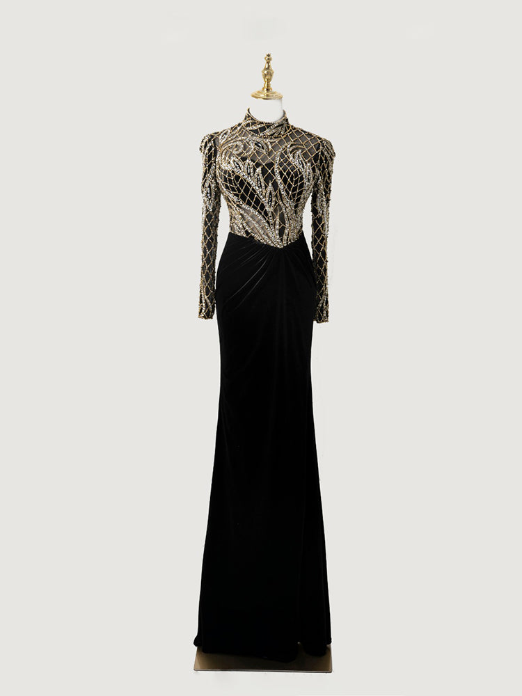 Black High Neck Gown | Gold Sequin Mesh Long Sleeve Evening Maxi Dress ﻿