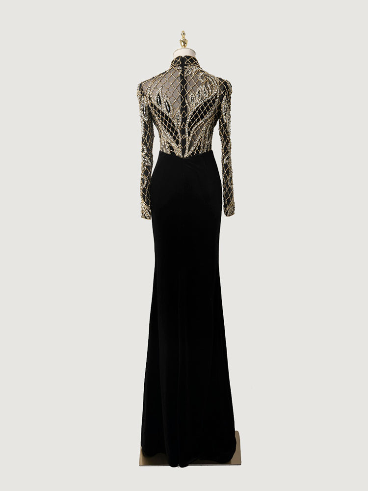 Black High Neck Gown | Gold Sequin Mesh Long Sleeve Evening Maxi Dress ﻿