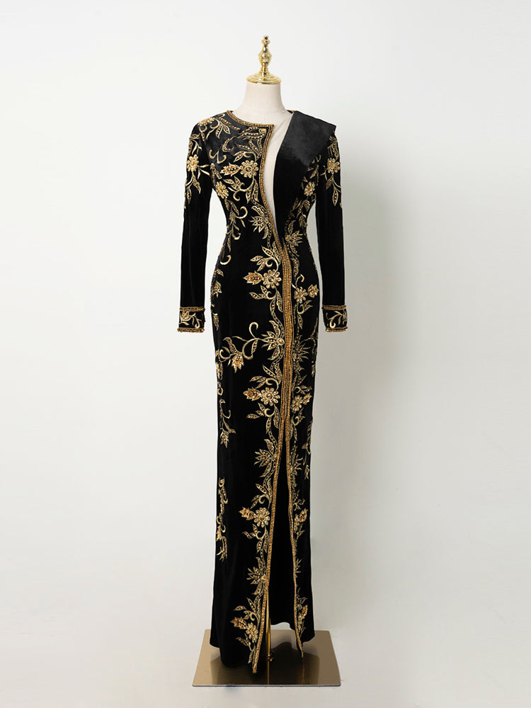 Black Velvet Gold Embroidered Long Sleeve Evening Gown