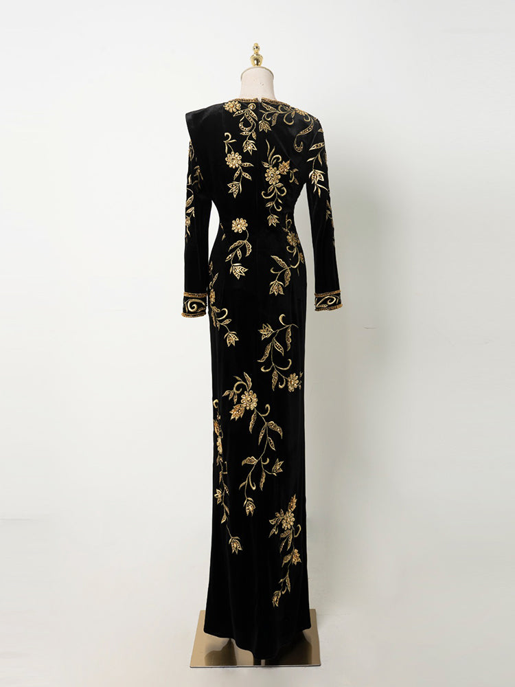 Black Velvet Gold Embroidered Long Sleeve Evening Gown