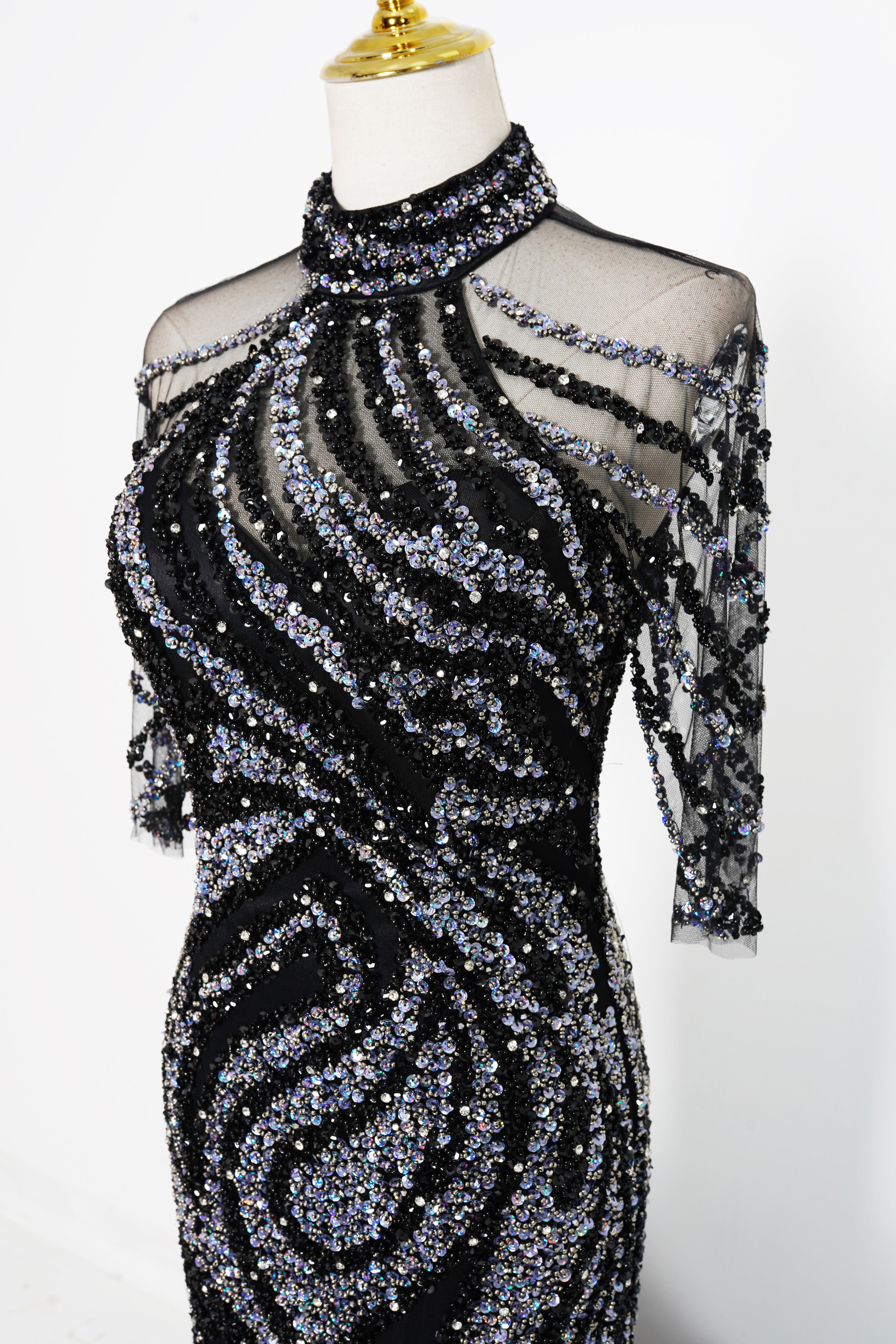 Black & Silver Mermaid Gown - High-Neck Sheer Beaded Bodice & Fluffy Feather Train