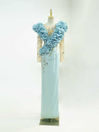 Light Blue Formal Gown - Statement Ruffled Shoulder Accent & Beaded Sheer Sleeves