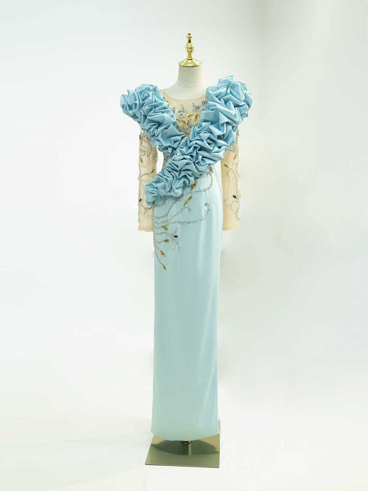Light Blue Formal Gown - Statement Ruffled Shoulder Accent & Beaded Sheer Sleeves