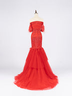 Royal Blue Mermaid Gown - Off-Shoulder Beaded Bodice & Feather-Accented Tiered Tulle Train