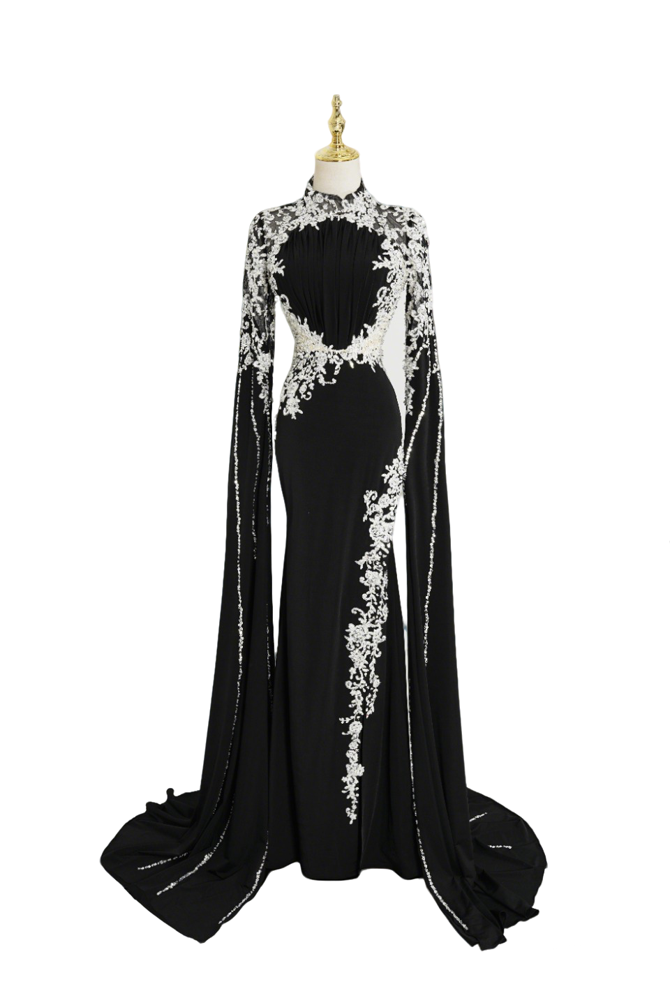 Elegant Black High-Neck Embroidered Evening Gown with Long Sleeves & Train - Luxury Formal Dress for Special Occasions