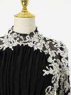 Elegant Black High-Neck Embroidered Evening Gown with Long Sleeves & Train - Luxury Formal Dress for Special Occasions