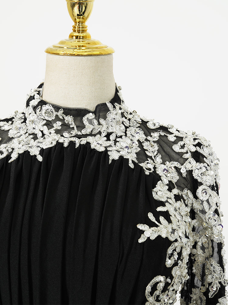 Elegant Black High-Neck Embroidered Evening Gown with Long Sleeves & Train - Luxury Formal Dress for Special Occasions