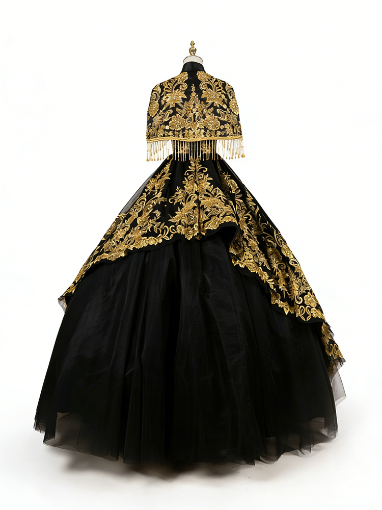 Luxury Black Gold Evening Gown with Hand-Beaded Embroidery and Cape