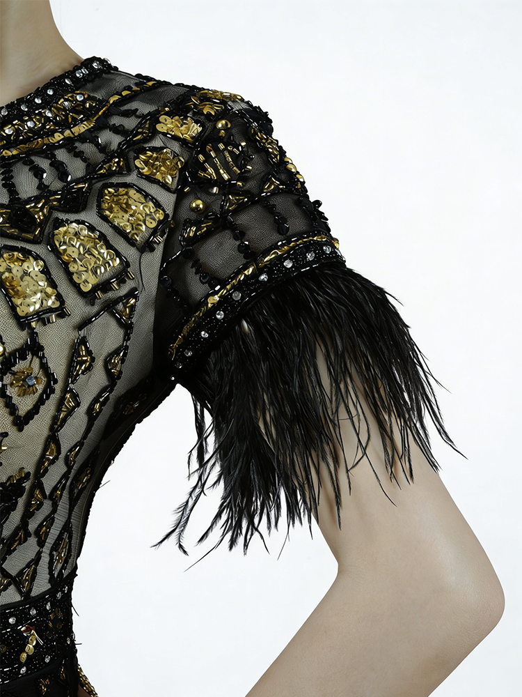 Black & Gold Art Deco Beaded Gown | Feather Sleeve Sheer Mesh Formal Evening Dress