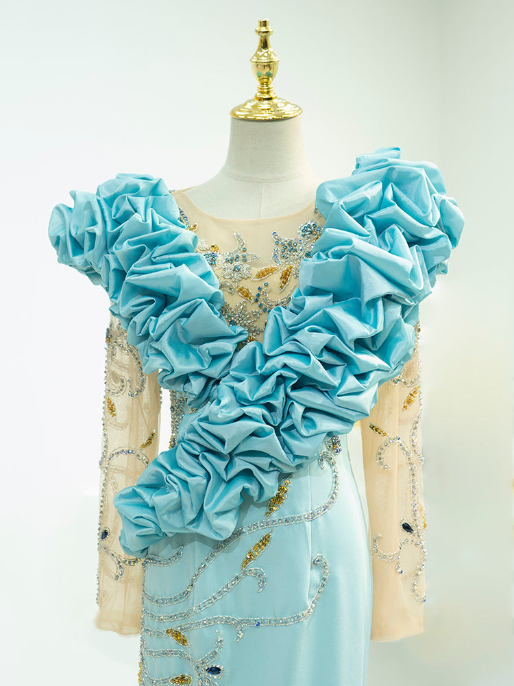 Light Blue Formal Gown - Statement Ruffled Shoulder Accent & Beaded Sheer Sleeves