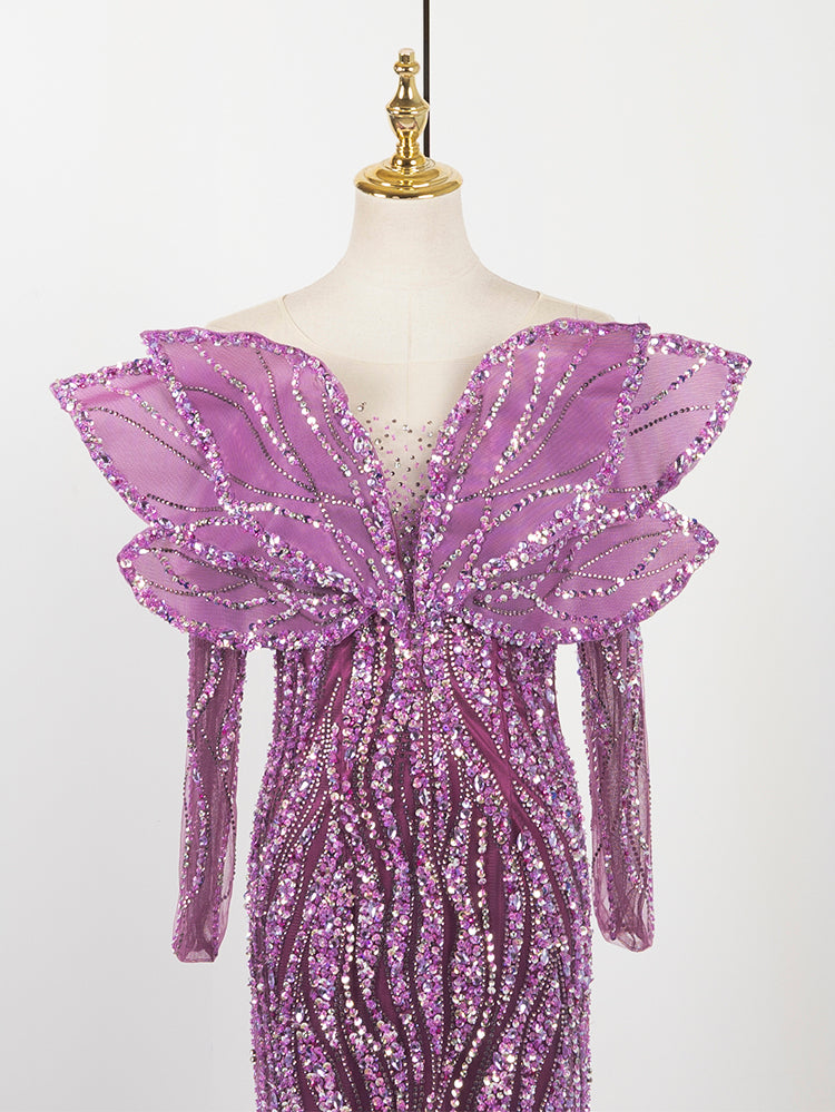 Deep Purple Mermaid Gown - Ruffled Off-Shoulder Sleeves & Sequin Wave Beading