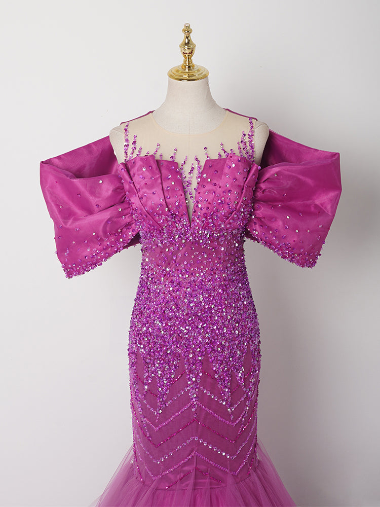 Vibrant Fuchsia Mermaid Gown - Puffy Organza Sleeves & Full Beaded Bodice