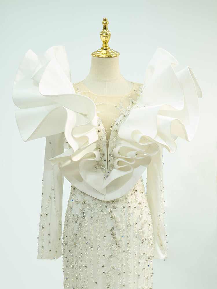 White Couture Mermaid Gown with Oversized Ruffle Shoulders - Hand-Beaded Formal Dress