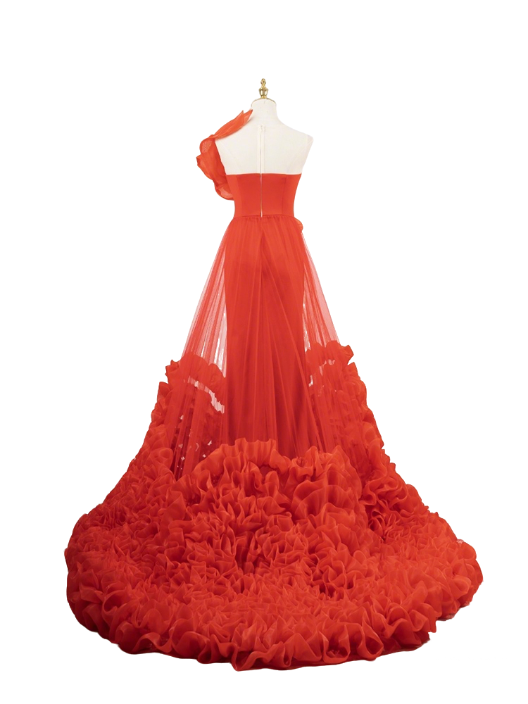 One-Shoulder Gown - Ruffled Tulle Ballgown Skirt & Dramatic Asymmetrical Drape