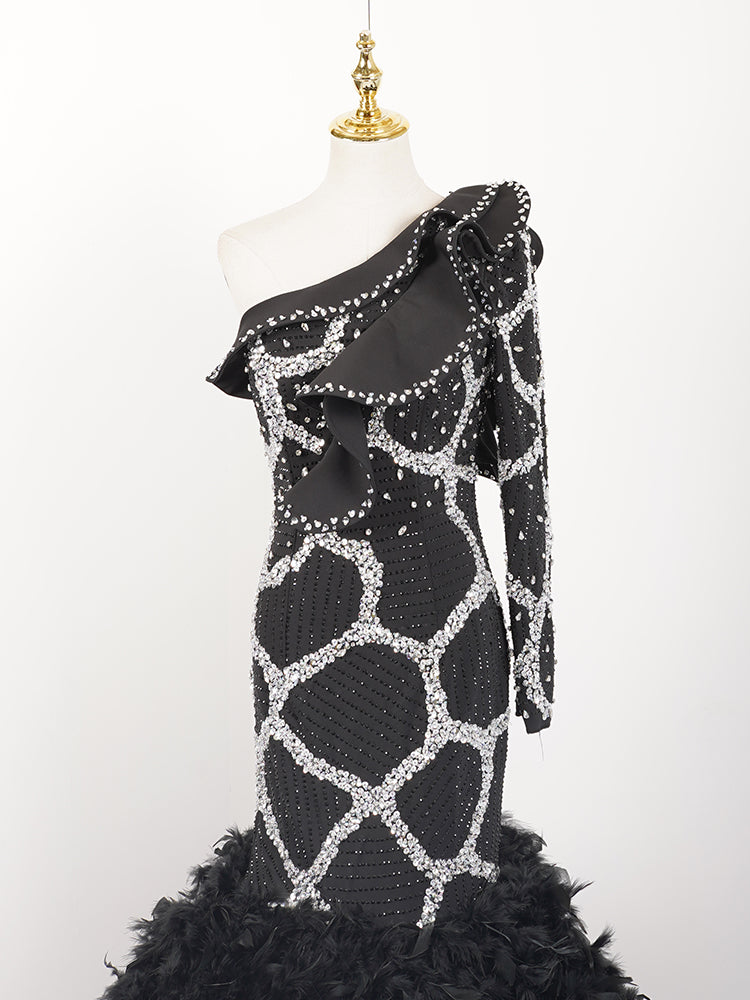 Black One-Shoulder Mermaid Gown - Crystal Geometric Beading & Feather Ballgown Skirt