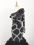 Black One-Shoulder Mermaid Gown - Crystal Geometric Beading & Feather Ballgown Skirt