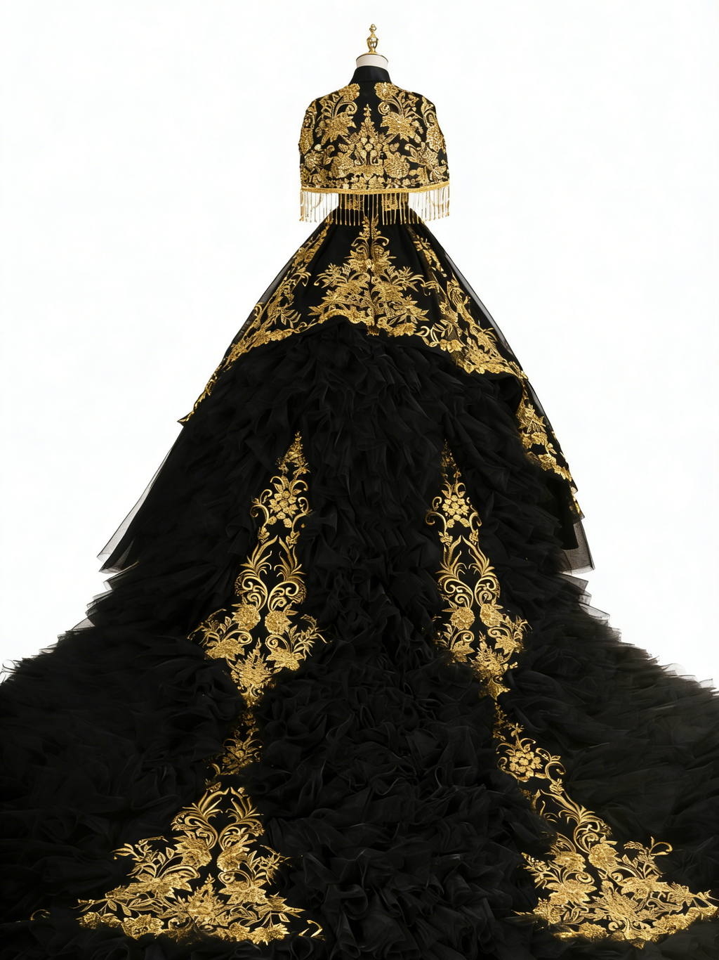 Luxury Black Gold Evening Gown with Hand-Beaded Embroidery and Cape