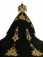 Luxury Black Gold Evening Gown with Hand-Beaded Embroidery and Cape