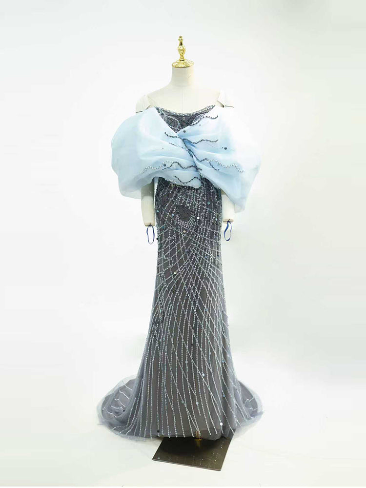 Dusty Blue & Grey Contrast Gown - Oversized Organza Capelet with Hand-Beaded Mesh Skirt