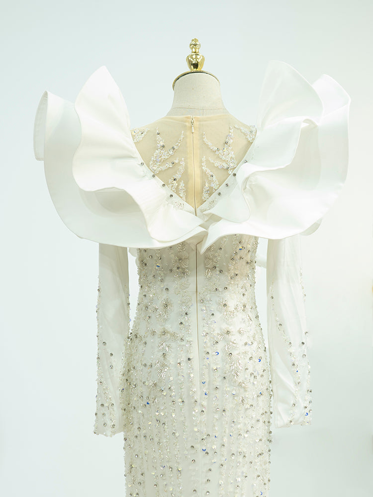 White Couture Mermaid Gown with Oversized Ruffle Shoulders - Hand-Beaded Formal Dress