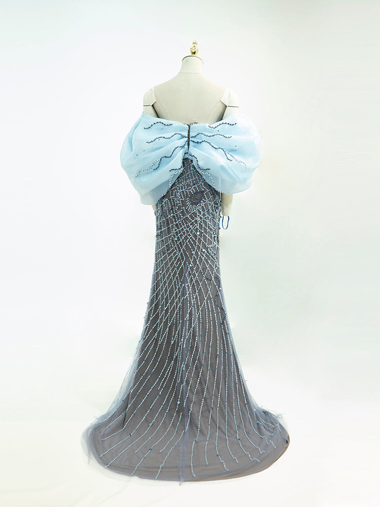 Dusty Blue & Grey Contrast Gown - Oversized Organza Capelet with Hand-Beaded Mesh Skirt