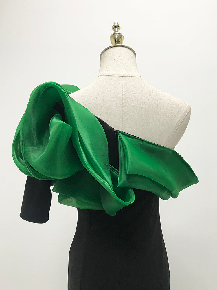 One-Shoulder Black Evening Gown with Emerald Green Organza Ruffles