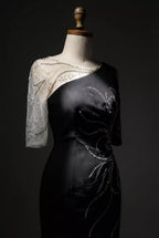 Black One-Shoulder Evening Gown with Crystal Beaded Floral Embroidery – Elegant Formal Party Dress