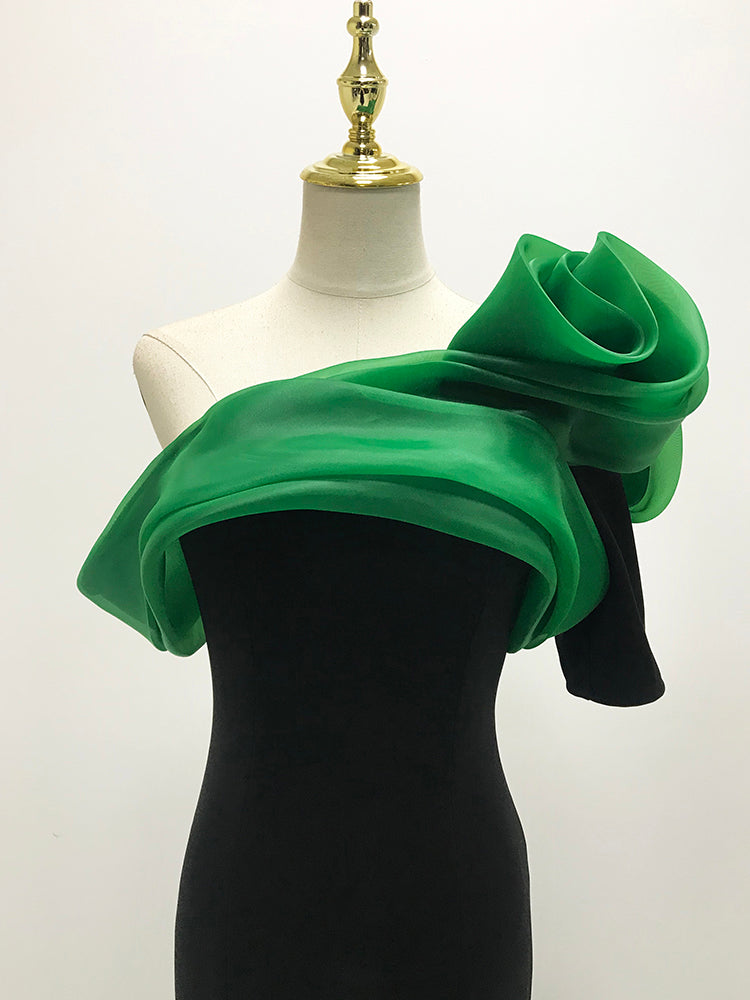 One-Shoulder Black Evening Gown with Emerald Green Organza Ruffles